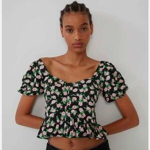 Zara Black Floral Puff Sleeve Peplum Crop Top